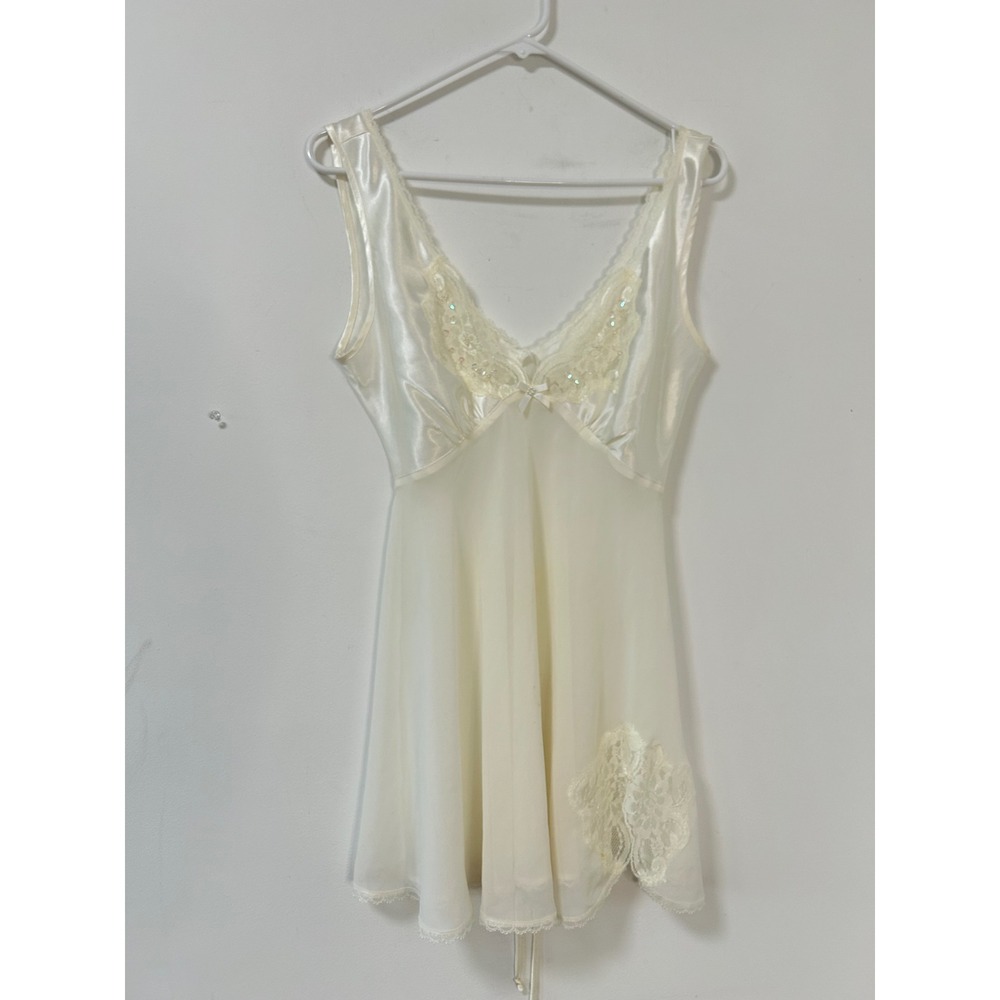 California Dynasty Babydoll Slip Dress Women Ivory Lace Sequin Coquette Lingerie